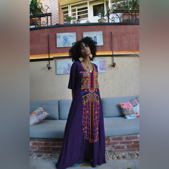 Egyptian Cotton Purple Embroidered Maxi Dress - Picture 1 of 4